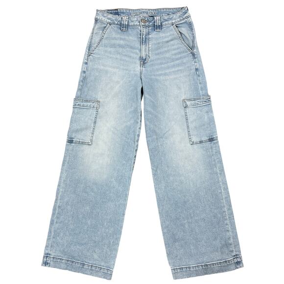 American Eagle Outfitters Denim - American Eagle Cargo Baggy Wide-Leg Jeans Sz 8 High-Rise Stretch Skater Denim